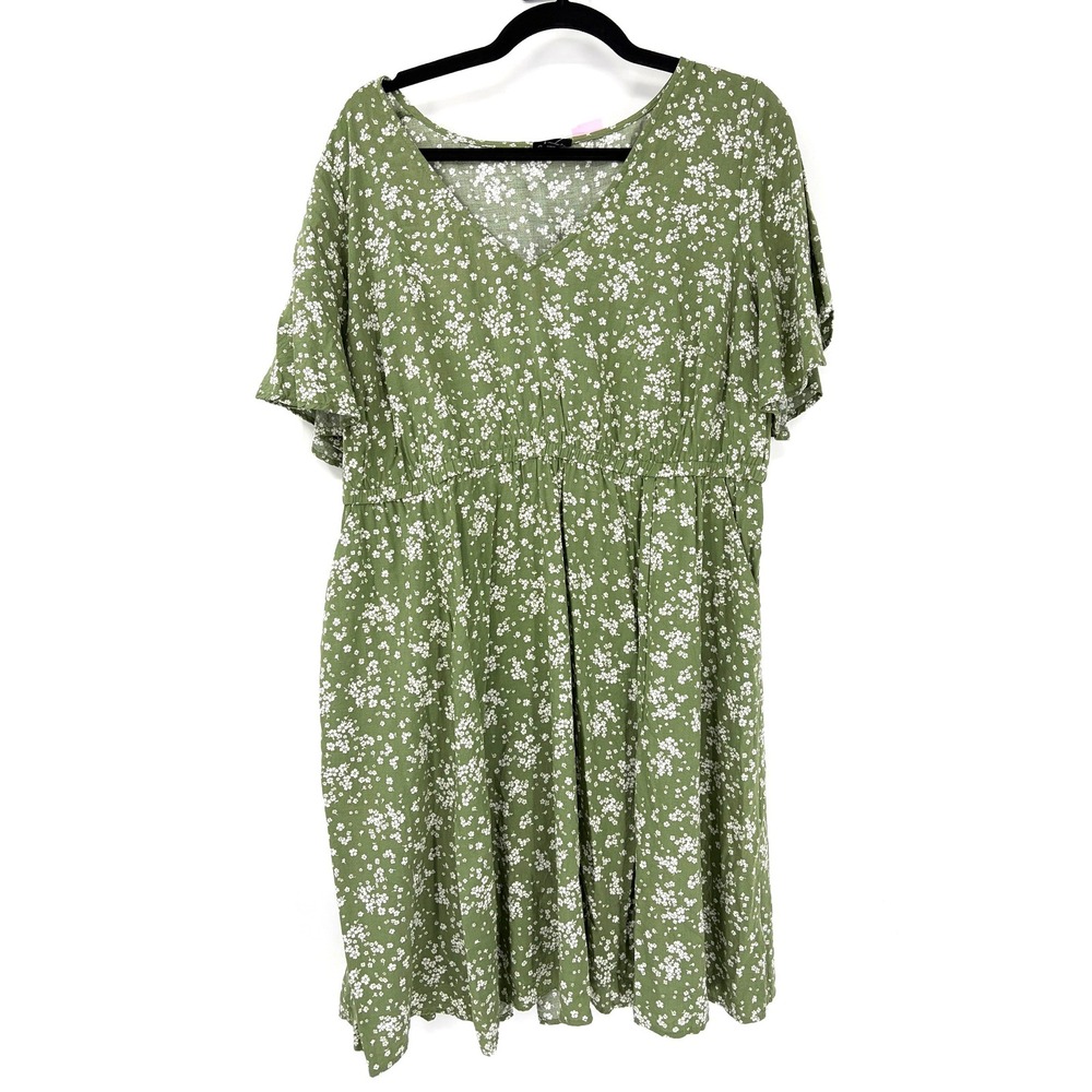 Torrid Green Floral V-Neck Flutter Sleeve Mini Dress Plus Size 1 1X Cottagecore